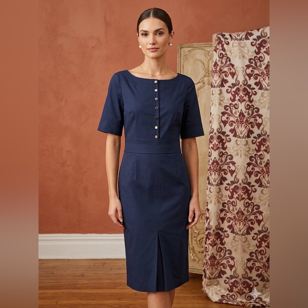 Tory Burch Navy Blue Cotton Short Sleeve Sheath Dress with Gold Buttons
